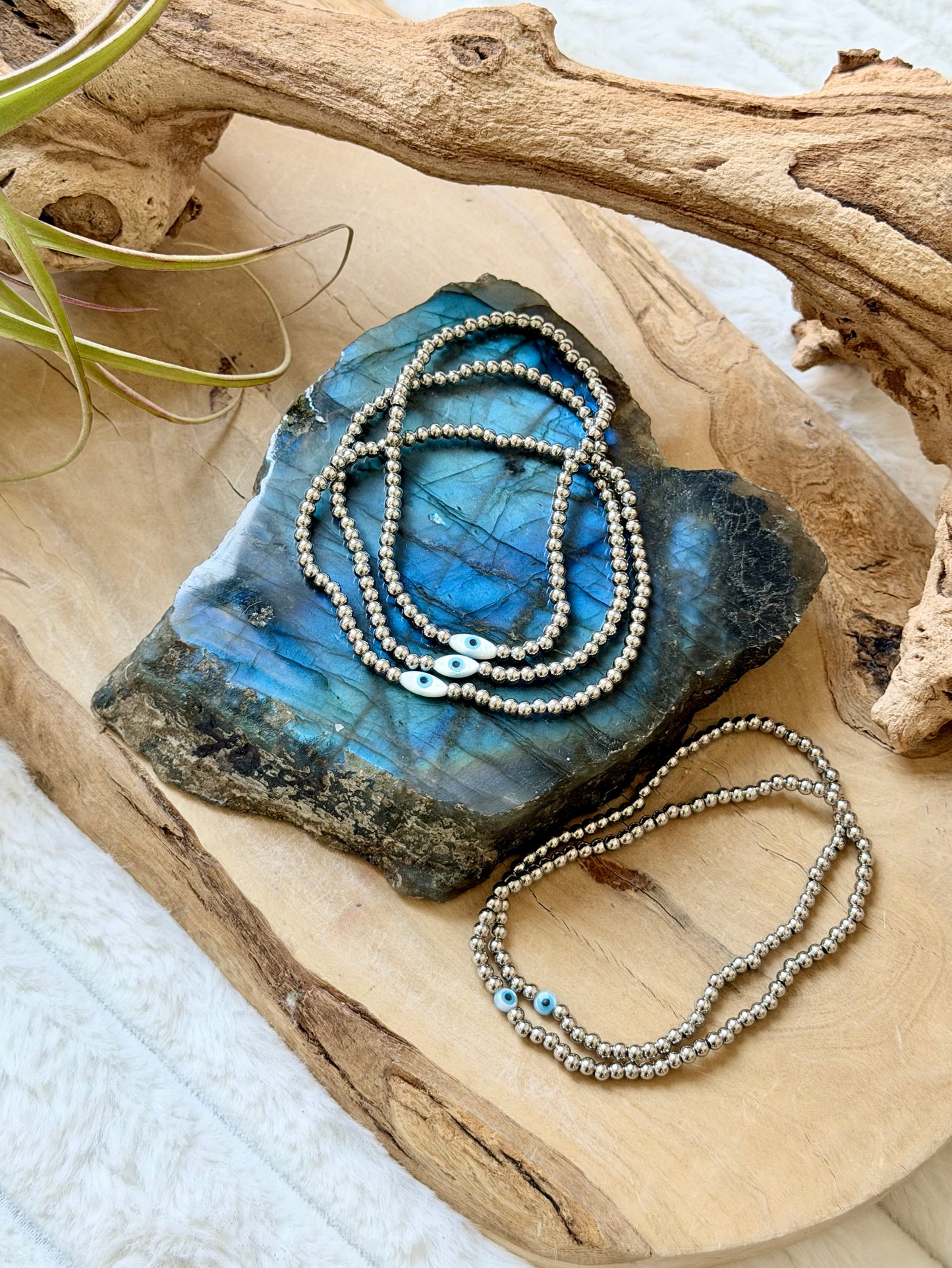 Mother of Pearl Evil Eye + Silver Stainless Steel Bracelet