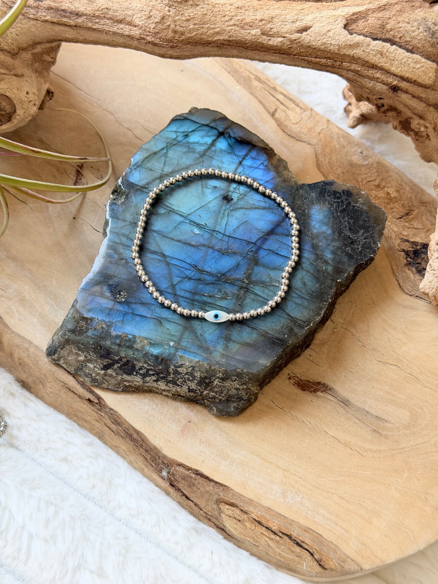 Mother of Pearl Evil Eye + Silver Stainless Steel Bracelet
