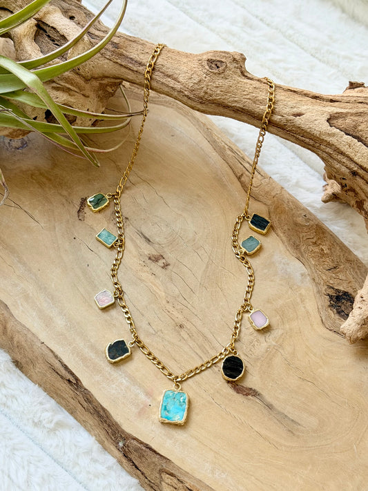 Mixed Gemstone with Turquoise + Gold Stainless Charm Necklace