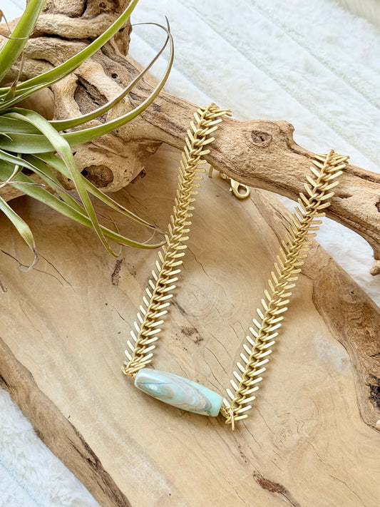 Aqua Blue Terra Agate + Matte Gold Fishbone Chain Necklace
