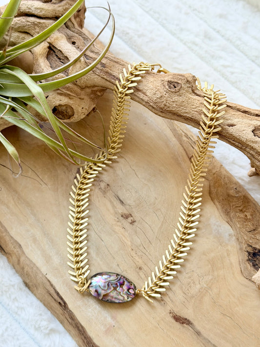 Abalone Shell + Matte Gold Fishbone Chain Necklace