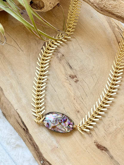 Abalone Shell + Matte Gold Fishbone Chain Necklace