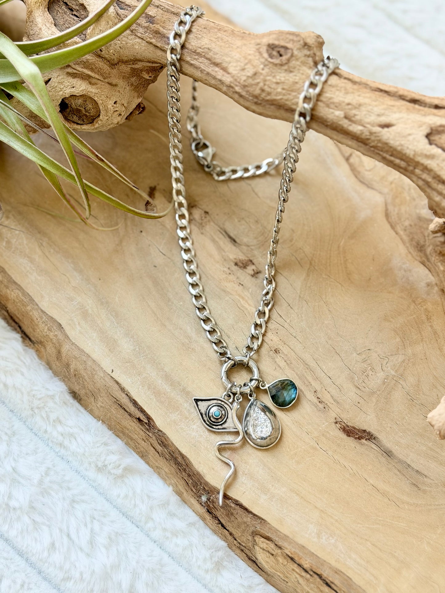 Druzy Agate + Labradorite Silver Stainless Carabiner Charm Necklace