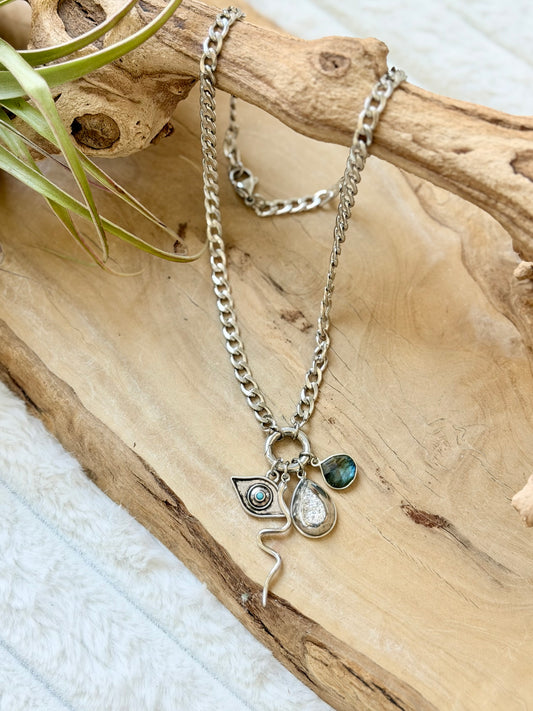 Druzy Agate + Labradorite Silver Stainless Carabiner Charm Necklace