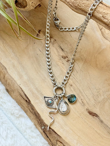 Druzy Agate + Labradorite Silver Stainless Carabiner Charm Necklace