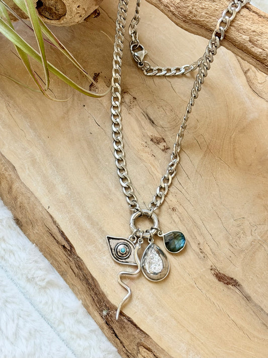 Druzy Agate + Labradorite Silver Stainless Carabiner Charm Necklace