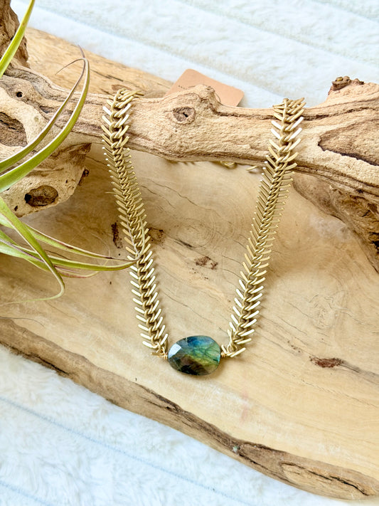 Rainbow Labradorite + Matte Gold Fishbone Chain Necklace