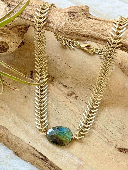 Rainbow Labradorite + Matte Gold Fishbone Chain Necklace