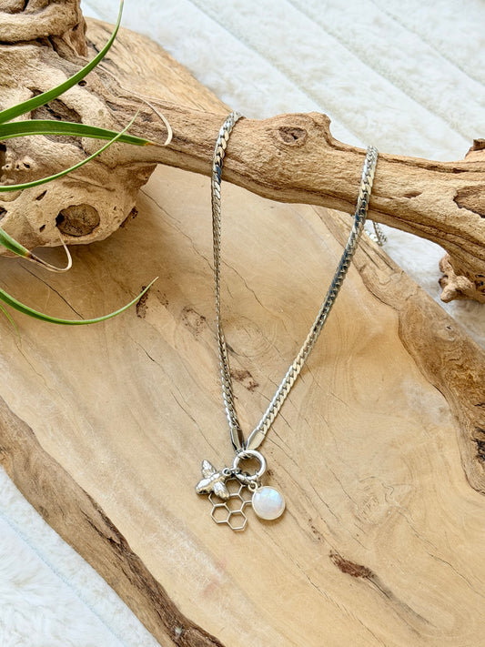 Rainbow Moonstone + Silver Carabiner Herringbone Necklace