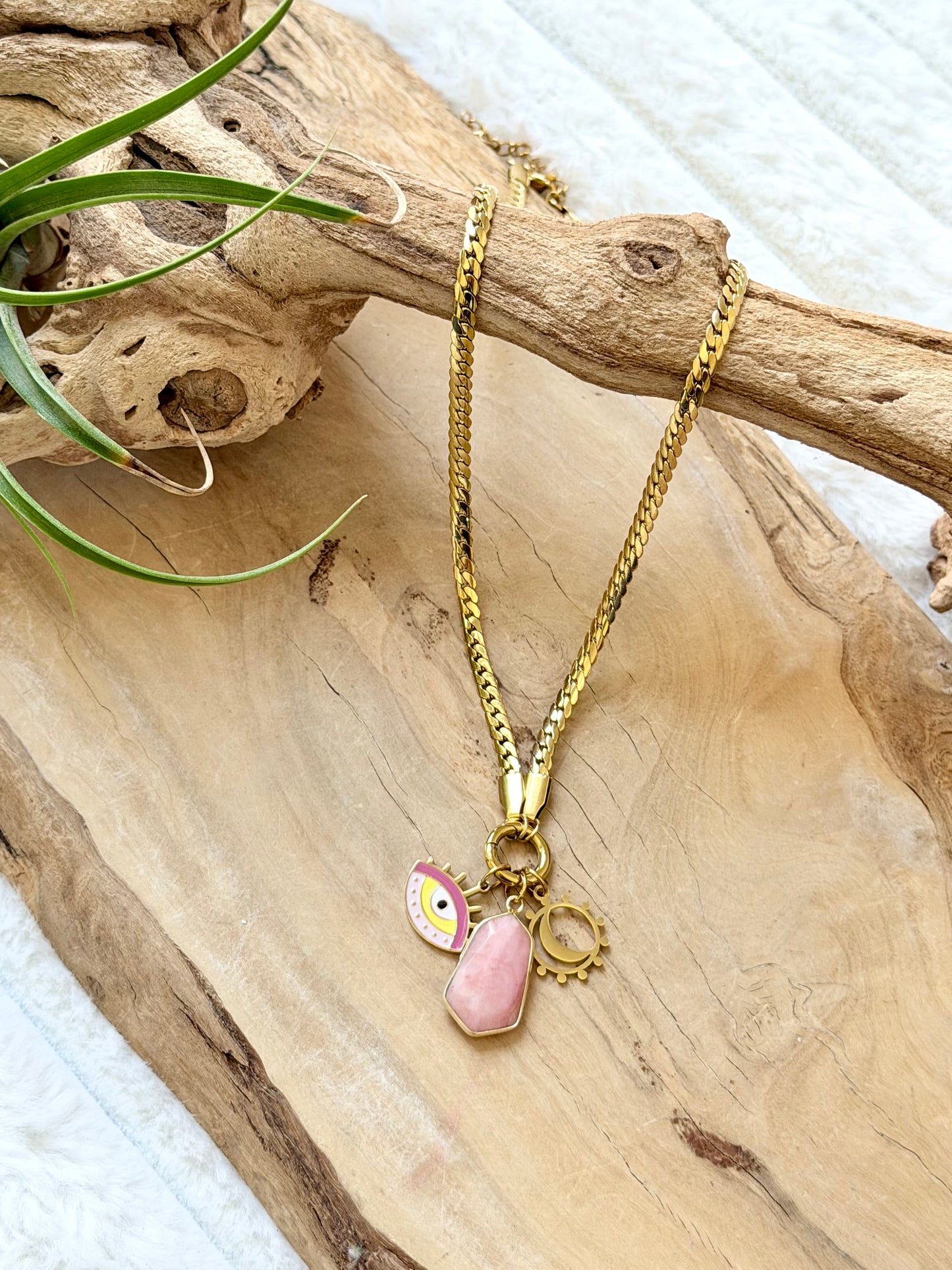 Pink Opal + Gold Evil Eye Carabiner Herringbone Necklace