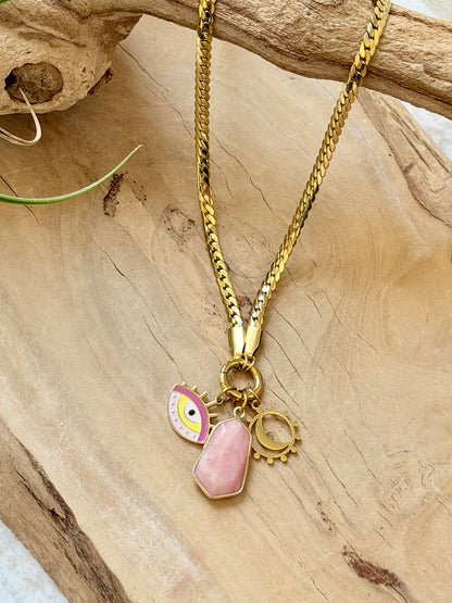 Pink Opal + Gold Evil Eye Carabiner Herringbone Necklace