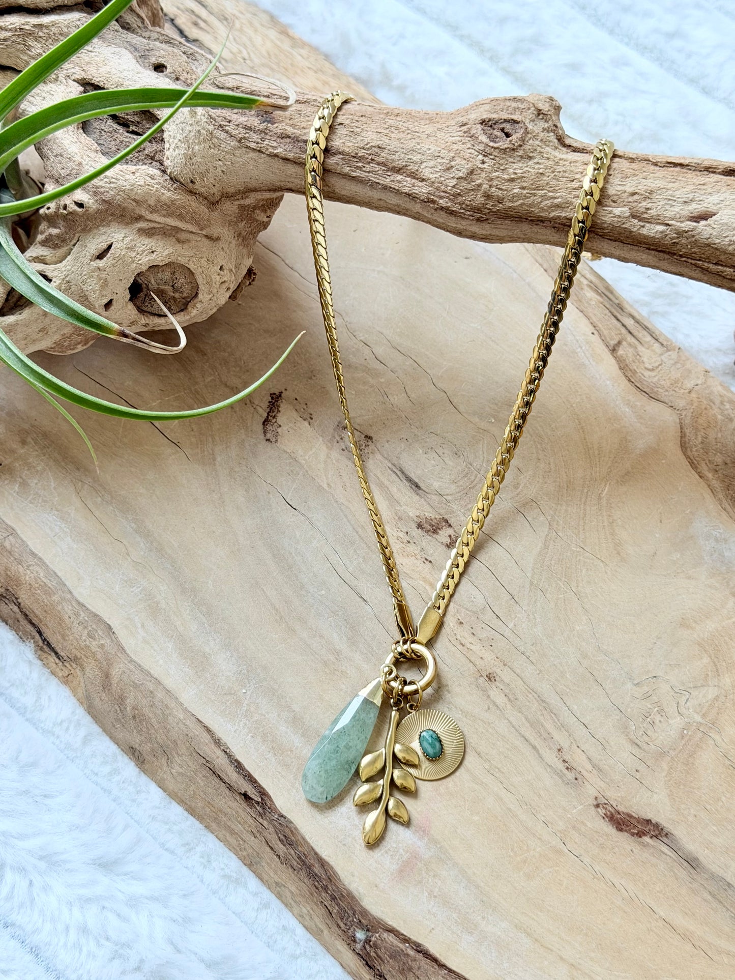 Green Aventurine + Gold Leaf Carabiner Herringbone Necklace