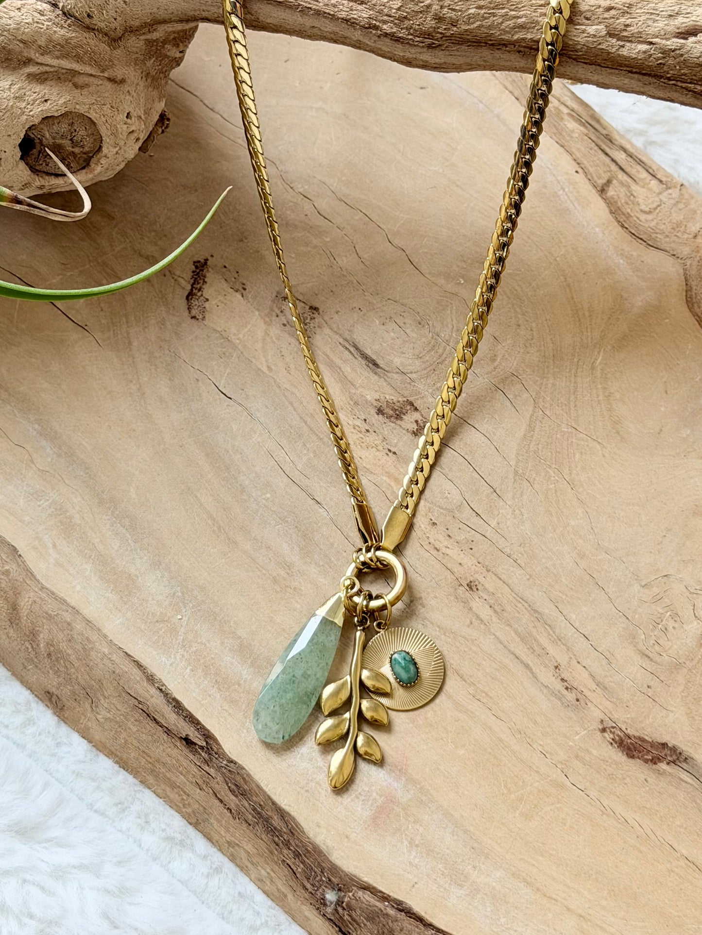 Green Aventurine + Gold Leaf Carabiner Herringbone Necklace