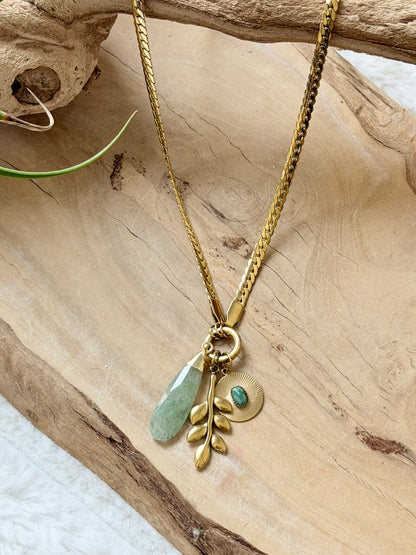 Green Aventurine + Gold Leaf Carabiner Herringbone Necklace