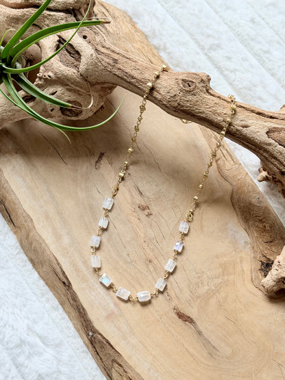Rainbow Moonstone + Matte Gold Necklace