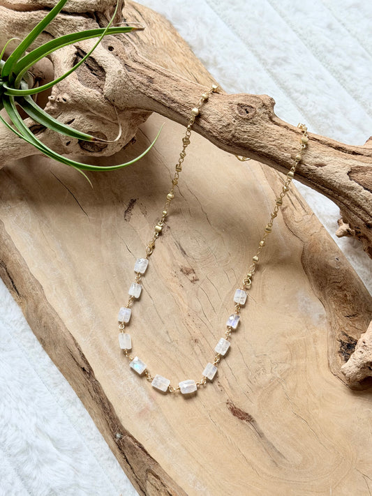 Rainbow Moonstone + Matte Gold Necklace