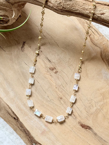 Rainbow Moonstone + Matte Gold Necklace