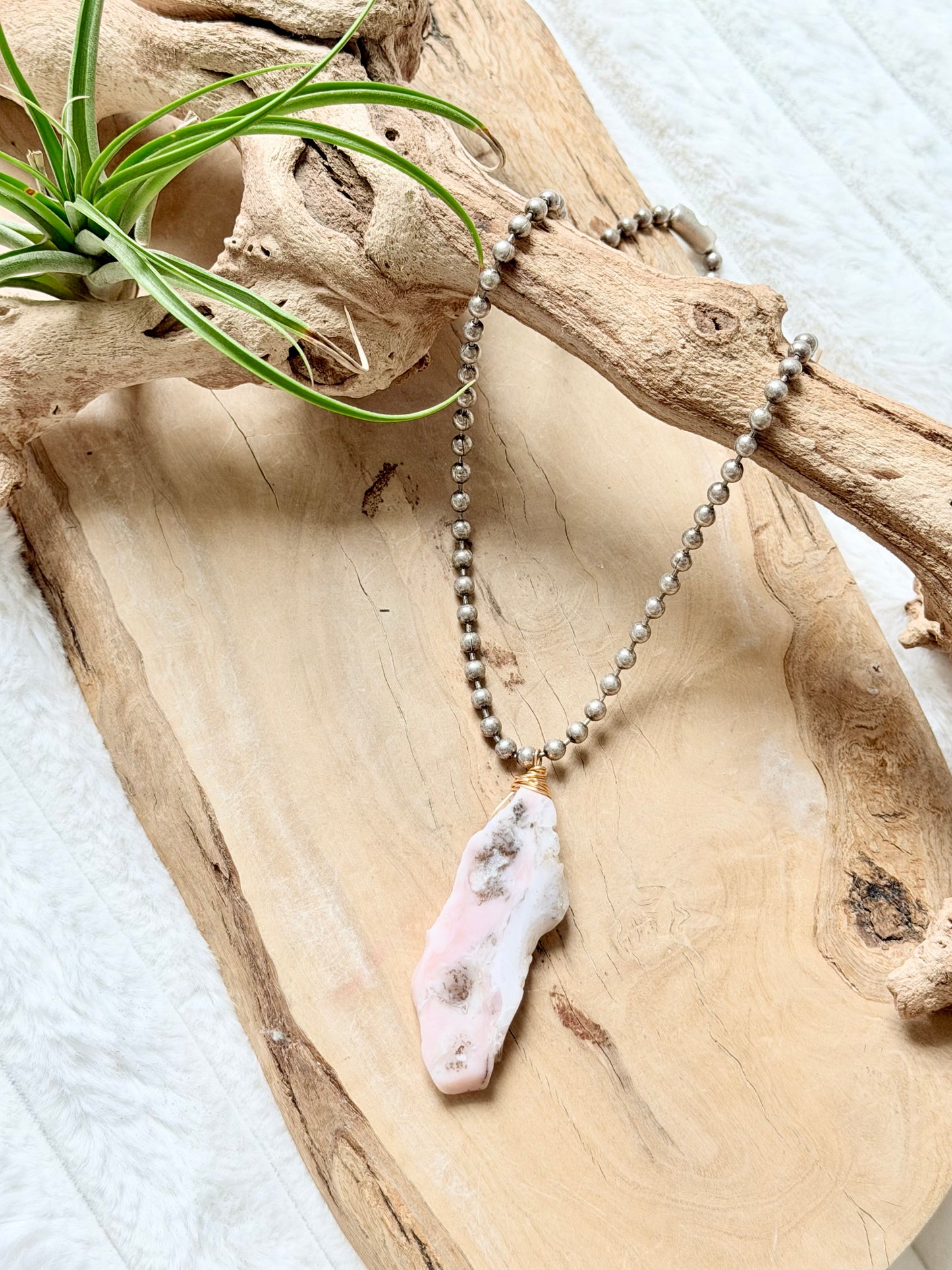 Pink Opal + Antique Silver Ball Chain Necklace