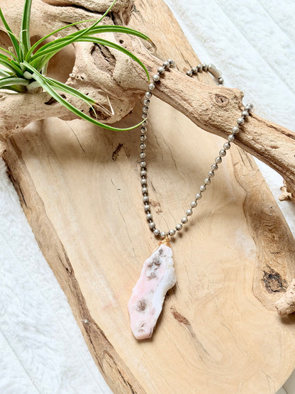 Pink Opal + Antique Silver Ball Chain Necklace