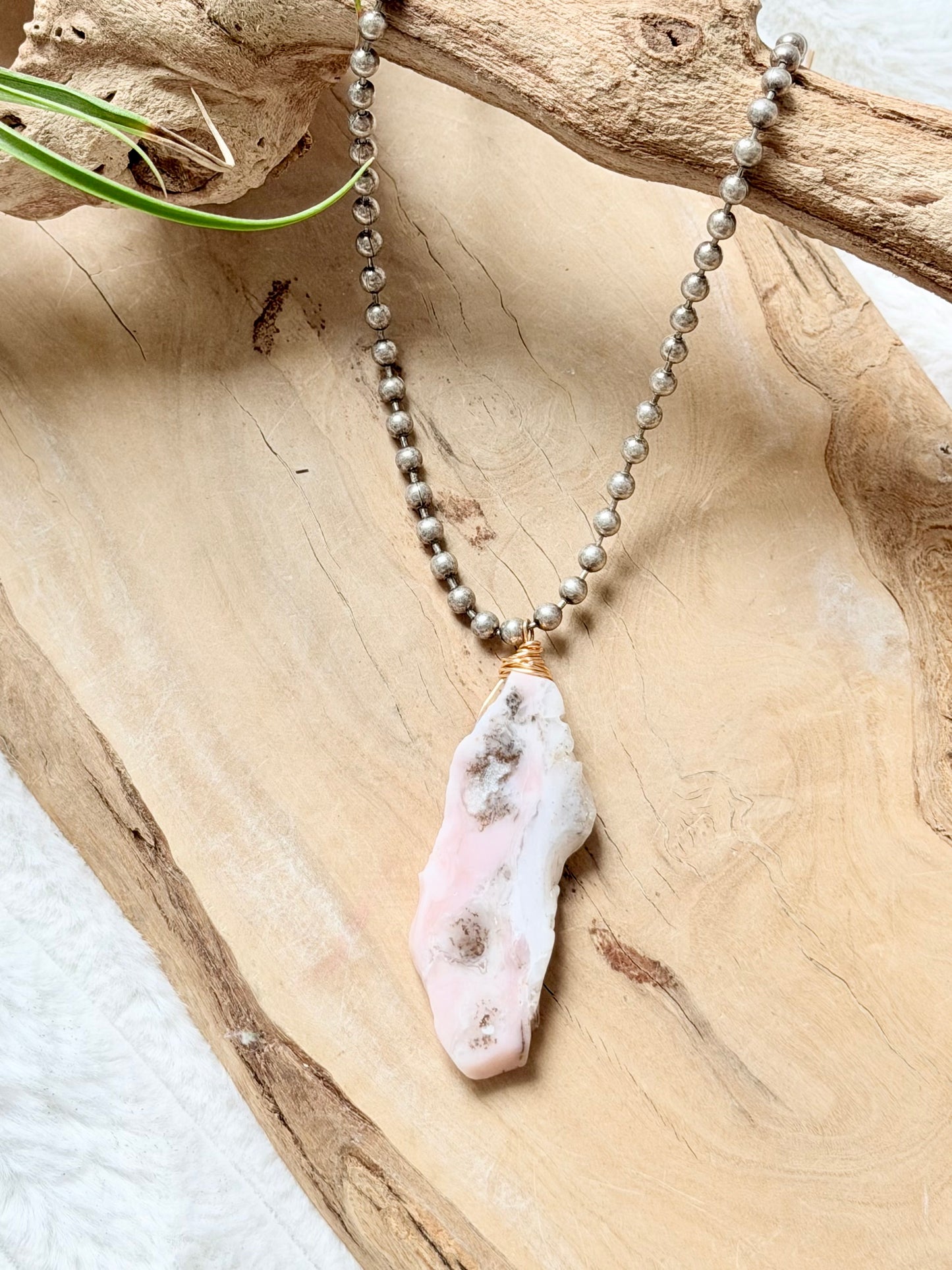 Pink Opal + Antique Silver Ball Chain Necklace