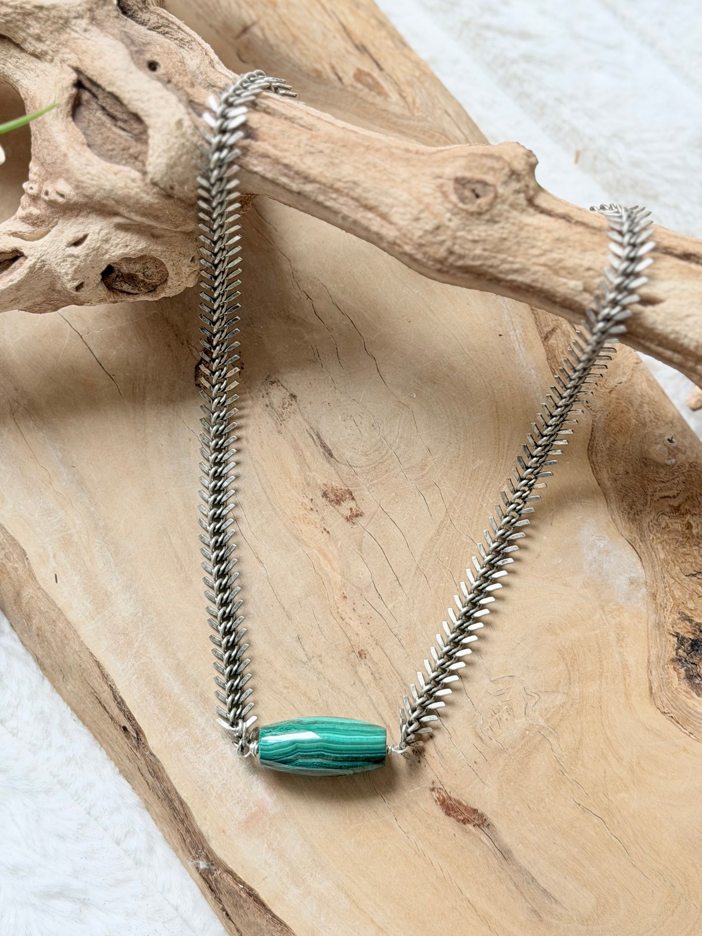 Malachite + Antique Silver Fishbone Necklace