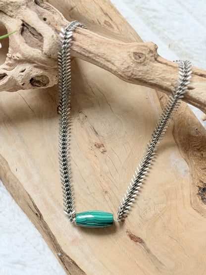 Malachite + Antique Silver Fishbone Necklace