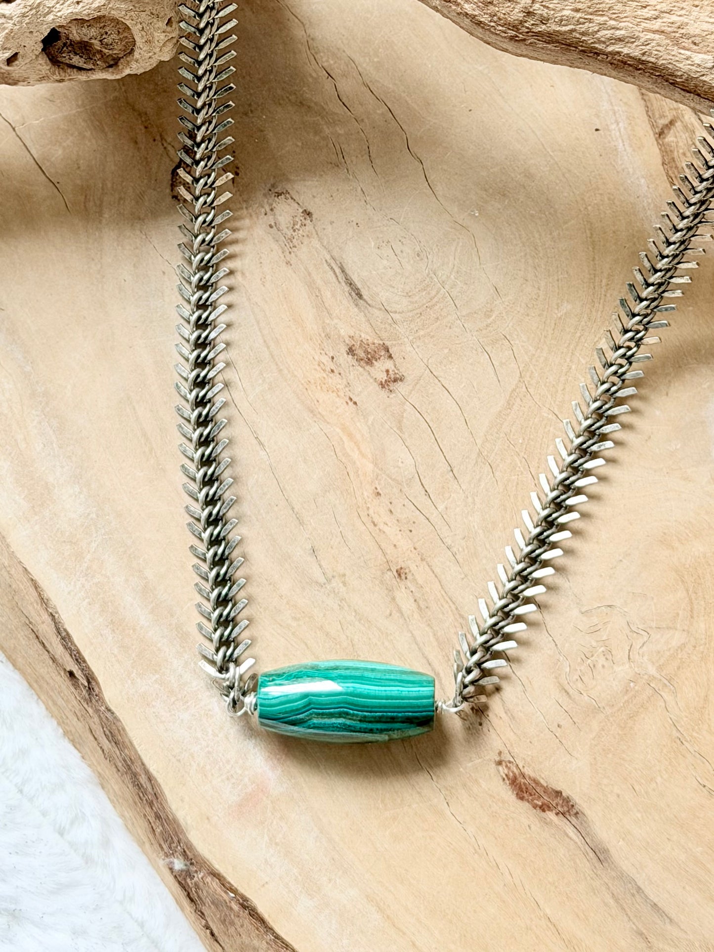 Malachite + Antique Silver Fishbone Necklace