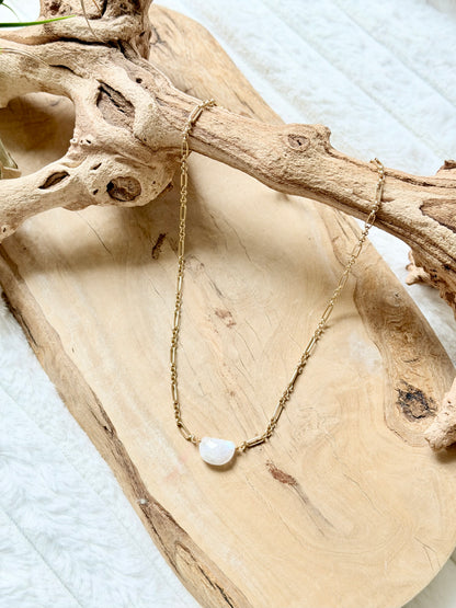 Rainbow Moonstone + Matte Gold Half Moon Necklace