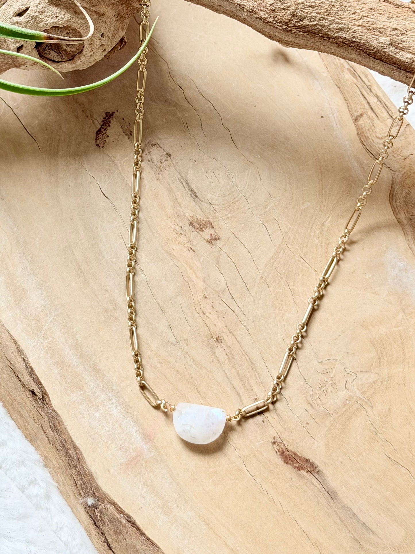 Rainbow Moonstone + Matte Gold Half Moon Necklace