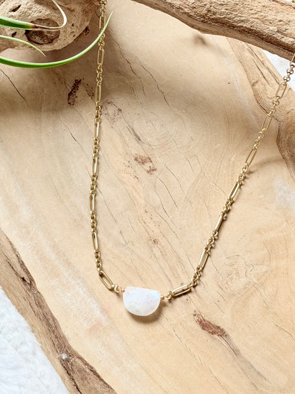 Rainbow Moonstone + Matte Gold Half Moon Necklace