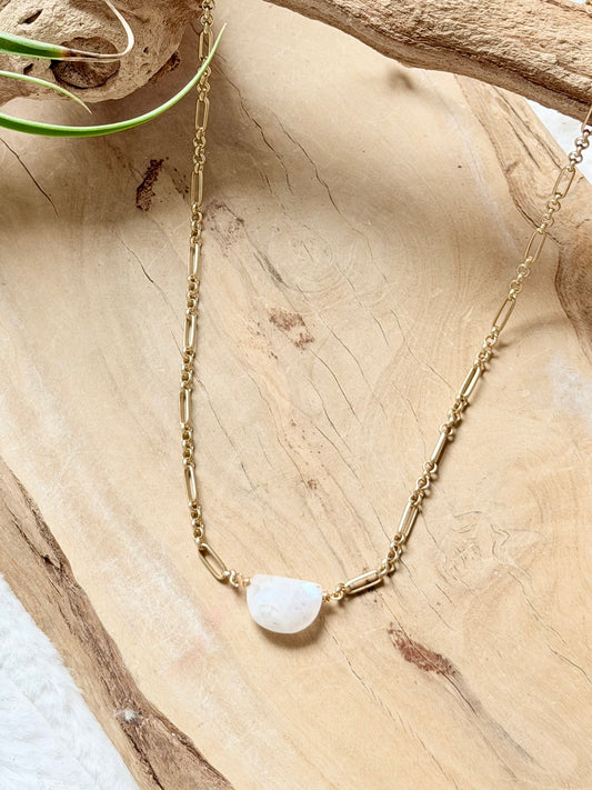 Rainbow Moonstone + Matte Gold Half Moon Necklace