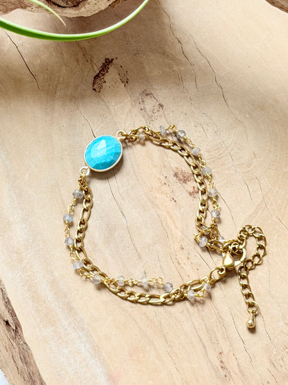 Turquoise + Labradorite Duet Bracelet in Gold Stainless Steel