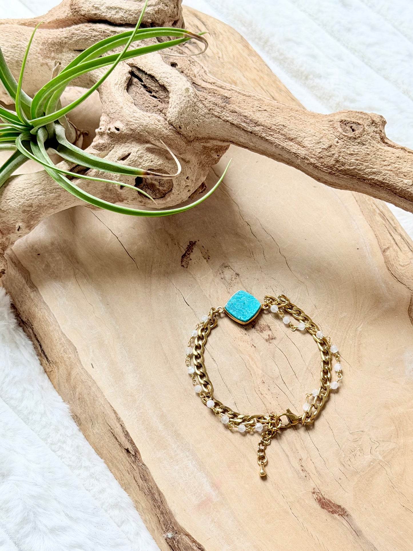 Chrysocolla + Moonstone Duet Bracelet in Gold Stainless Steel
