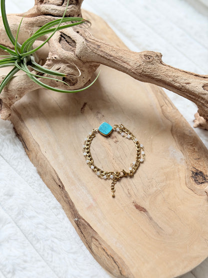 Chrysocolla + Moonstone Duet Bracelet in Gold Stainless Steel