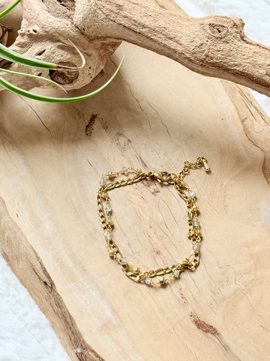 Golden Pyrite + Labradorite Gold Stainless Steel Skinny Duet Bracelet