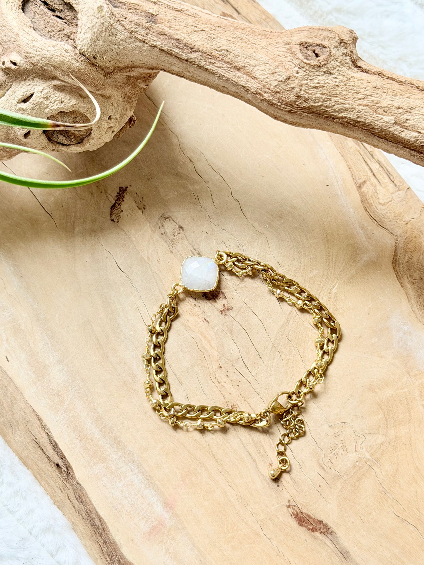 Rainbow Moonstone + Golden Pyrite Duet Bracelet in Gold Stainless Steel
