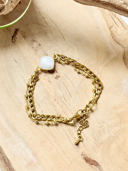 Rainbow Moonstone + Golden Pyrite Duet Bracelet in Gold Stainless Steel