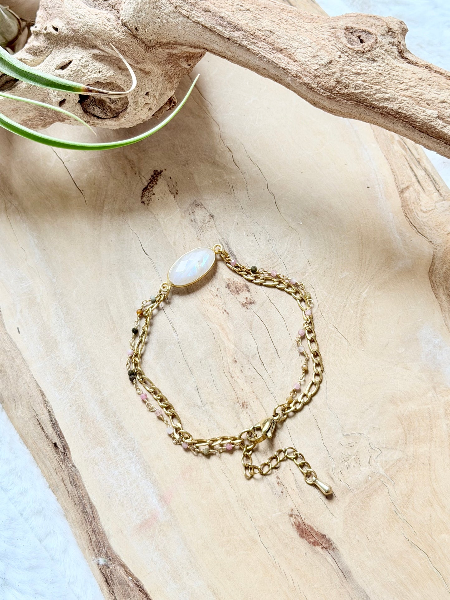Rainbow Moonstone + Tourmaline Duet Bracelet in Gold Stainless Steel