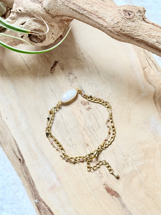 Rainbow Moonstone + Tourmaline Duet Bracelet in Gold Stainless Steel