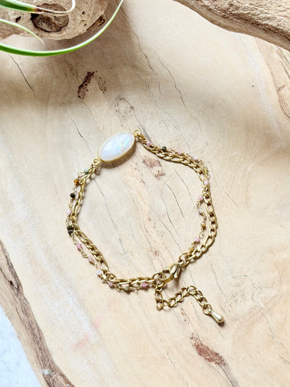 Rainbow Moonstone + Tourmaline Duet Bracelet in Gold Stainless Steel