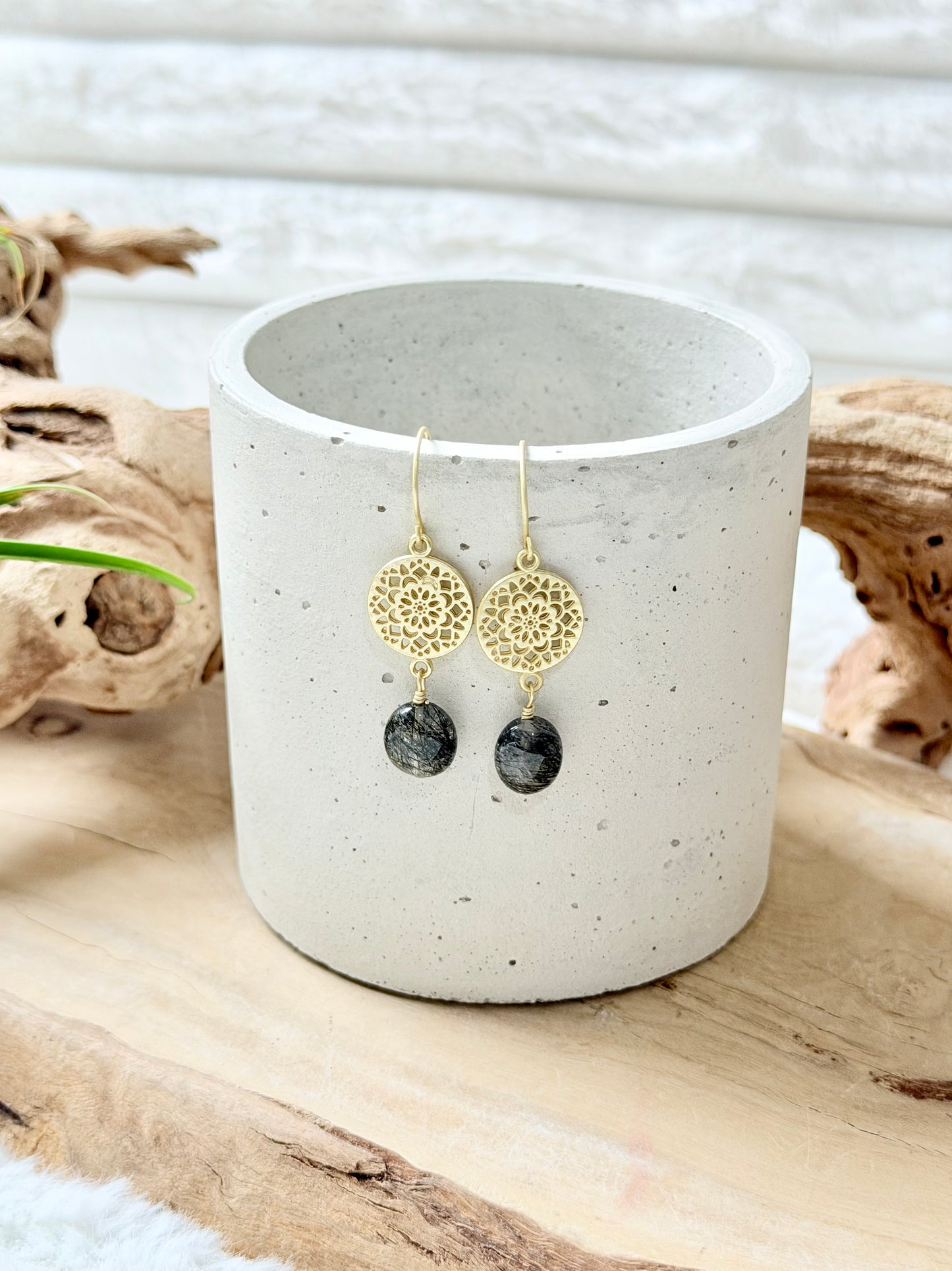 Tourmaline Rutile Quartz + Matte Gold Earrings