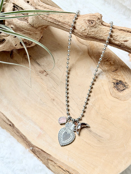 Rhodochrosite + Smoky Quartz Silver Sacred Heart Necklace