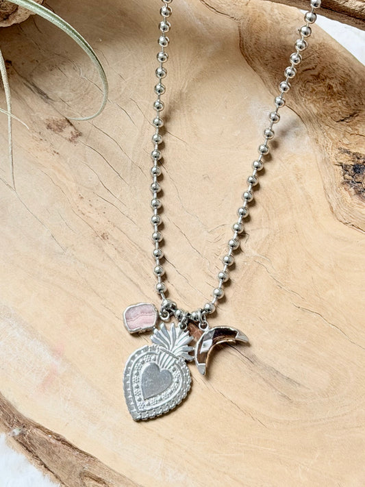Rhodochrosite + Smoky Quartz Silver Sacred Heart Necklace