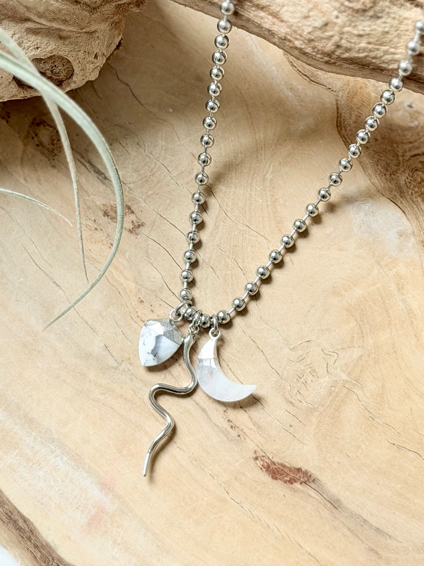 Dendritic Opal + Moonstone Silver Snake Necklace
