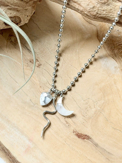 Dendritic Opal + Moonstone Silver Snake Necklace