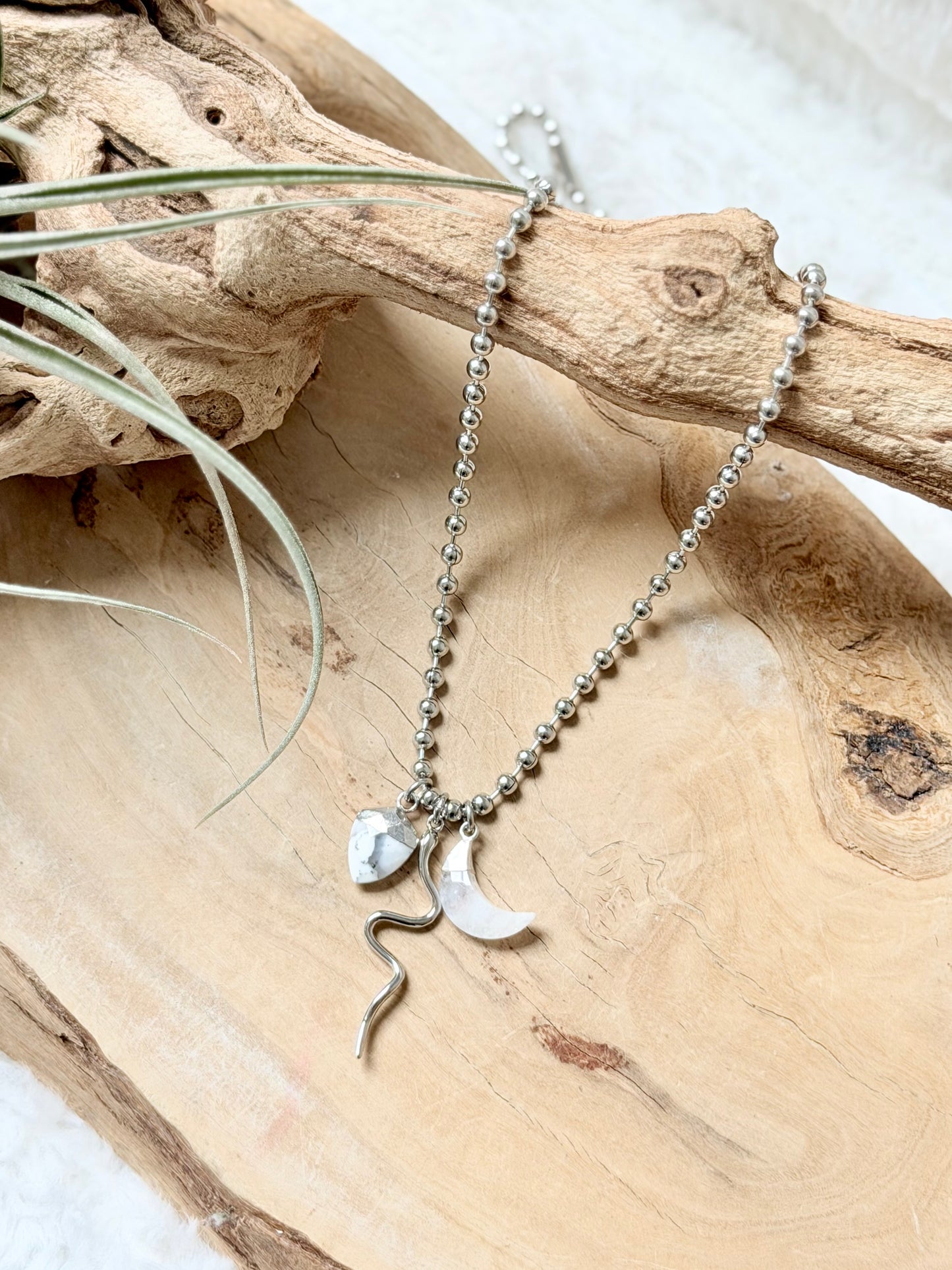 Dendritic Opal + Moonstone Silver Snake Necklace
