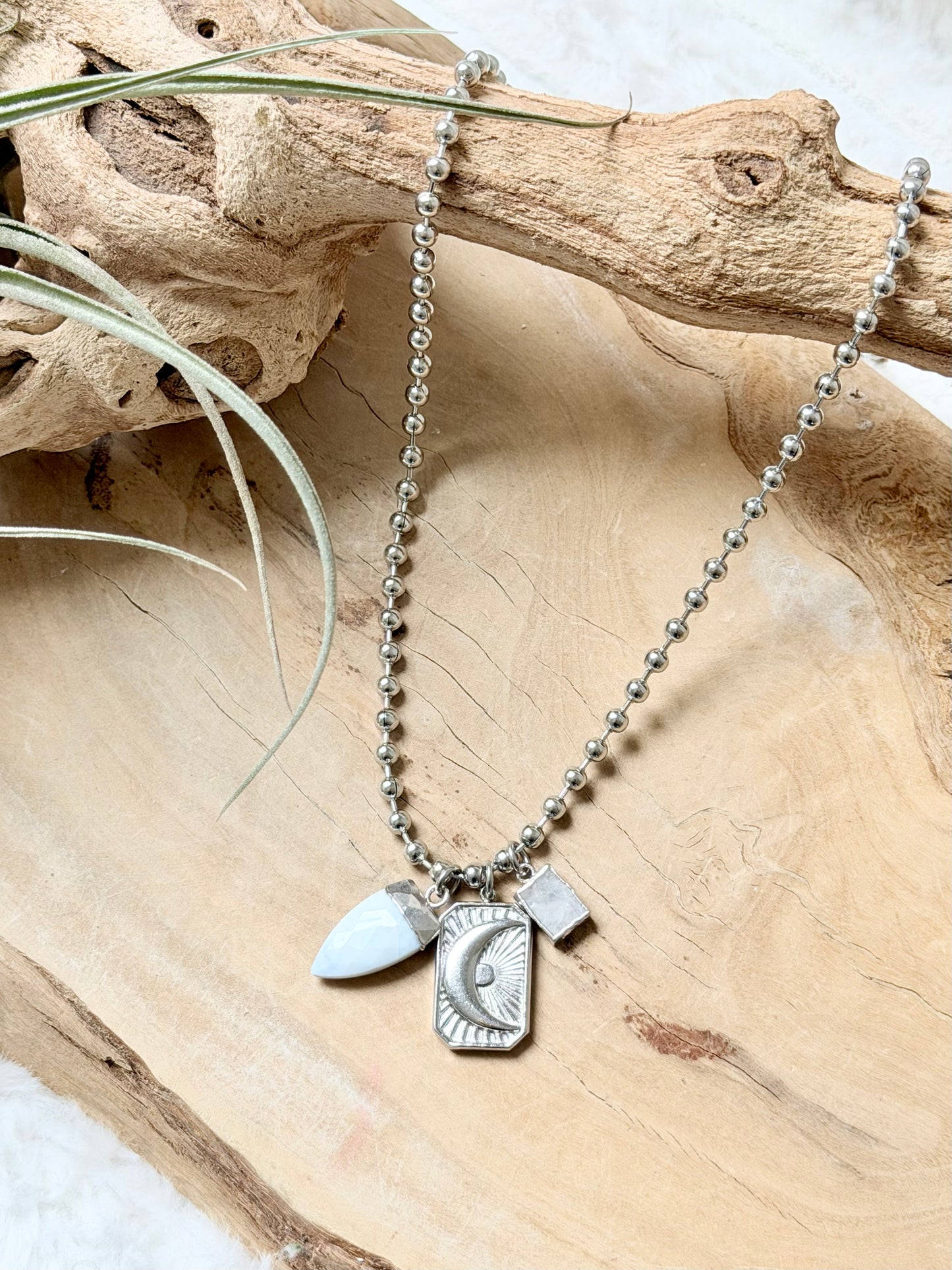 Blue Opal + Moonstone Silver Moon Necklace