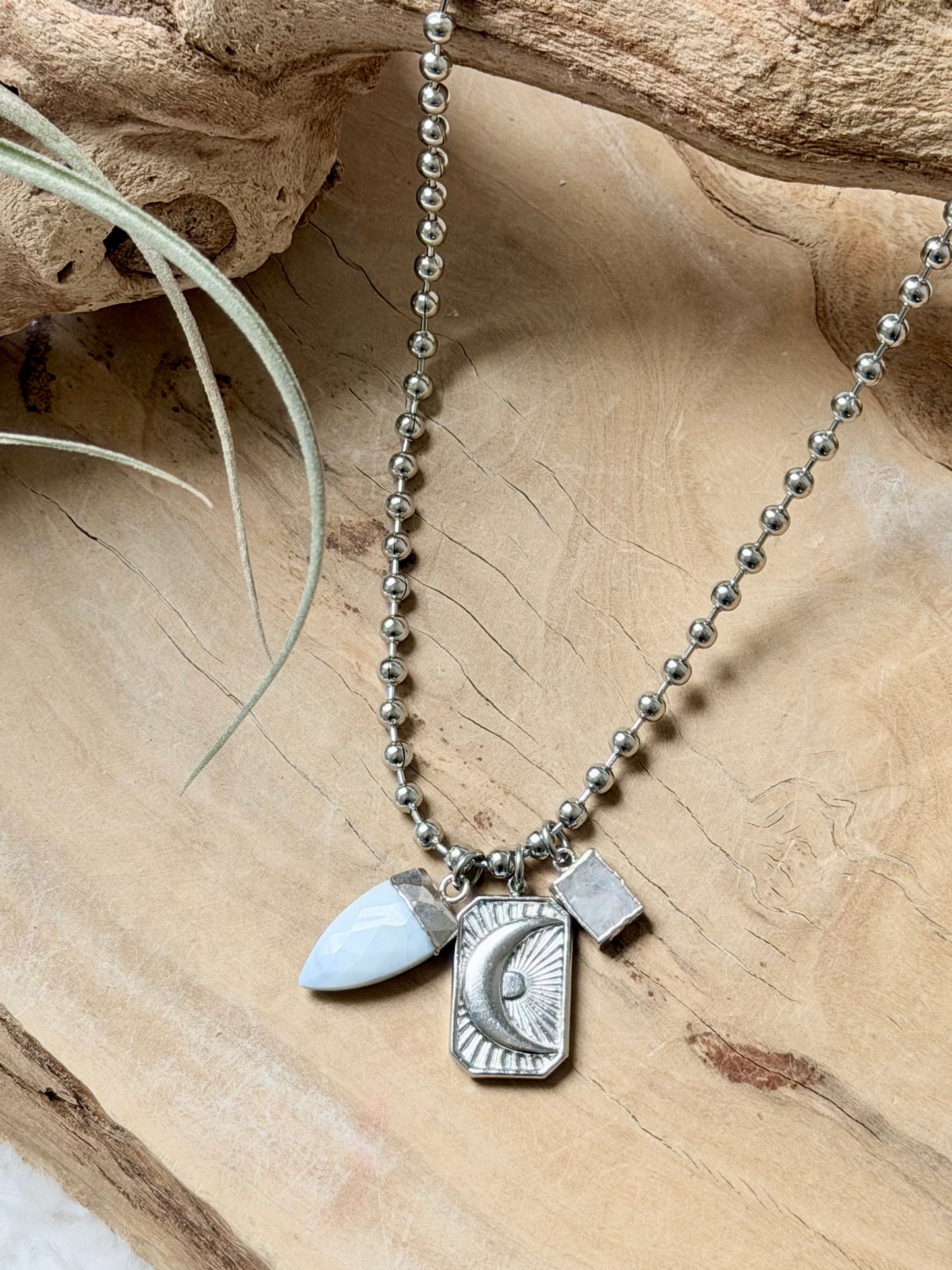 Blue Opal + Moonstone Silver Moon Necklace