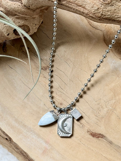 Blue Opal + Moonstone Silver Moon Necklace