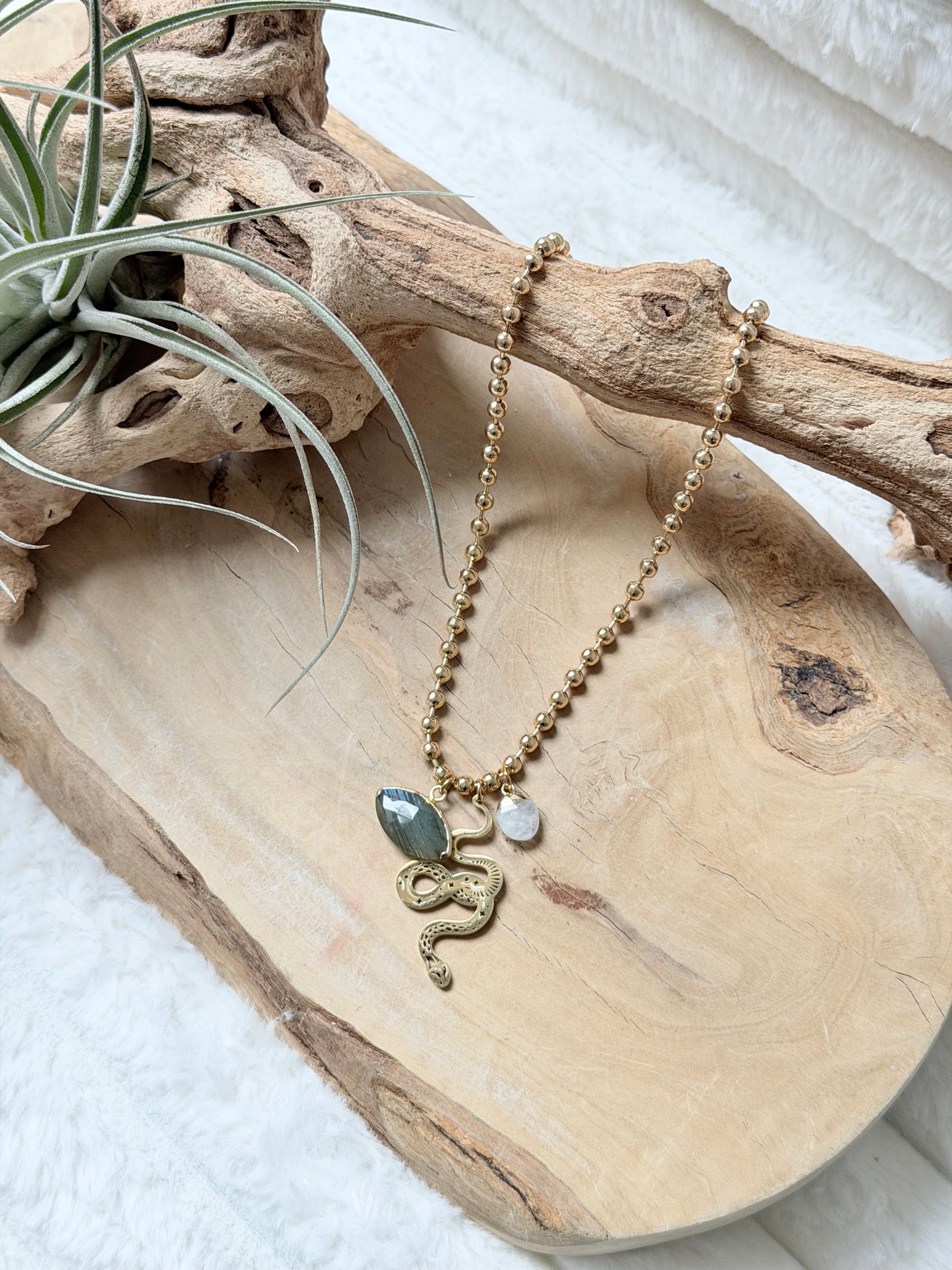 Labradorite + Moonstone Gold Snake Necklace
